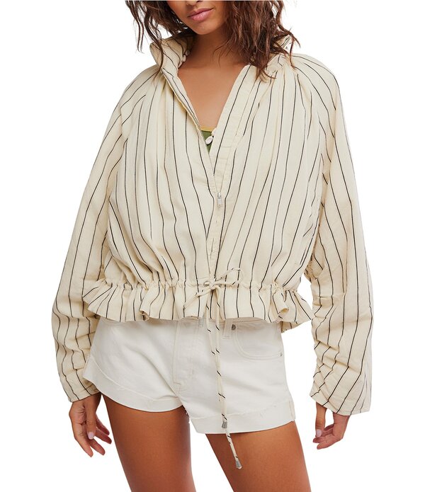 フリーピープル レディース アウター 厚地の外套 上衣 Free People Devon Balloon Striped Funnel-Neck Long Sleeve Jacket Ivory Combo 象牙色