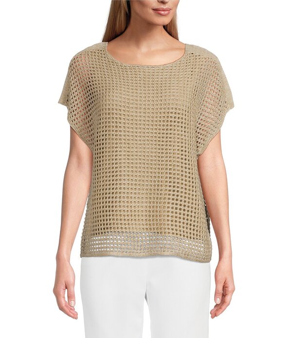 インベストメンツ レディース トップス シャツ クルーネック プチ Investments Petite Size Short Sleeve Crew Neck Open Stitch Top Natural