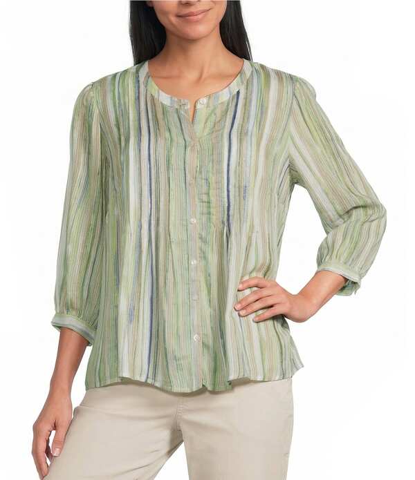 イントロ レディース トップス シャツ プチ プリーツ プリント ブラウス Intro Petite Size Bok Choy Brush Stroke Print Pleated Button Front Blouse Bok Choy