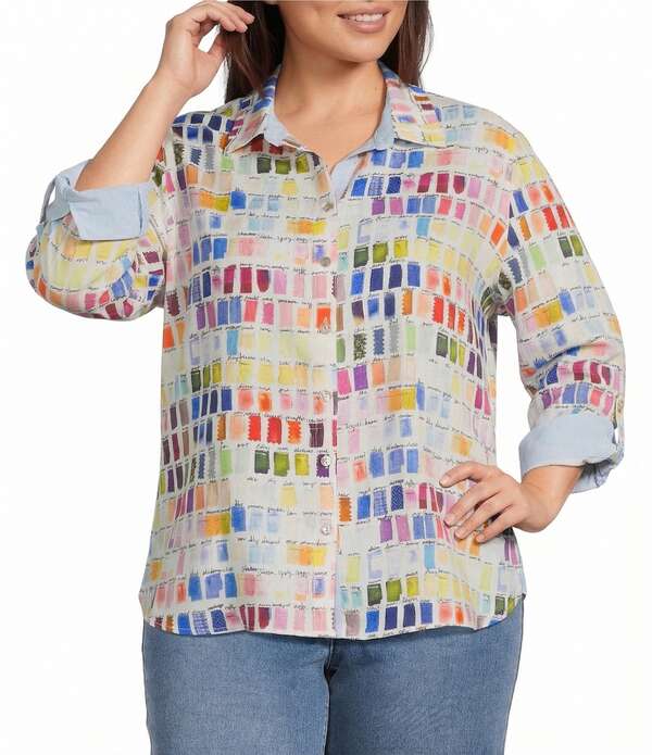 ジョン マーク レディース トップス シャツ プラスサイズ プリント John Mark Plusize Allover Pantone Swatch Print Point Collar 3/4 Cinched Sleeve Button Front Shirt Multi マルチカラー|ReVida 店