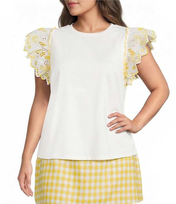 シュガーリップス レディース トップス シャツ プラスサイズ フリル キャップ ニット Sugarlips Plusize Keny Round Neck Ruffle Cap Sleeve Knitop Yellow/White ホワイト