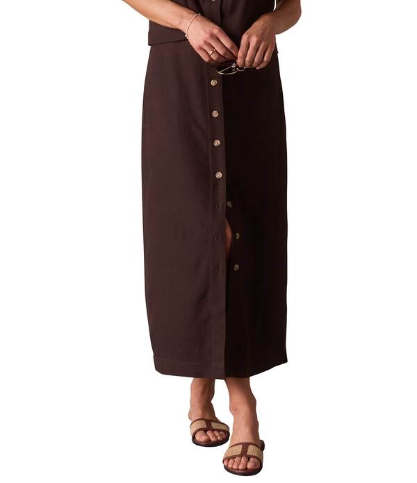 ノーマルブランド レディース ボトムスカート リネン マキシ The Normal Brand Leukos Linen Blend Button Front Maxi Pencil Skirt Umber｜ReVida 店