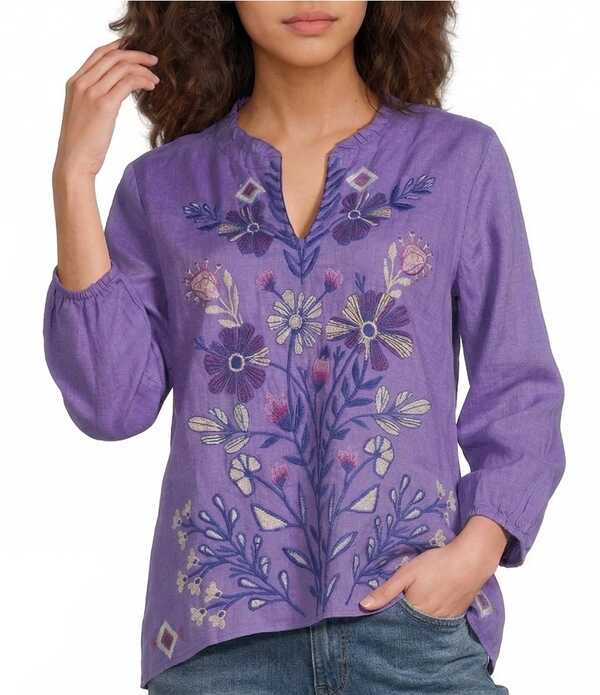 ジョニーワズ レディース トップス シャツ Vネック フラワー柄 フリル 刺繍 ブラウス リネン フラワー JOHNNY WAS Floral Embroidered Linen Ruffled Trim V-Neck 3/4 Sleeve Blouse Paisley Purple パープル|ReVida 店