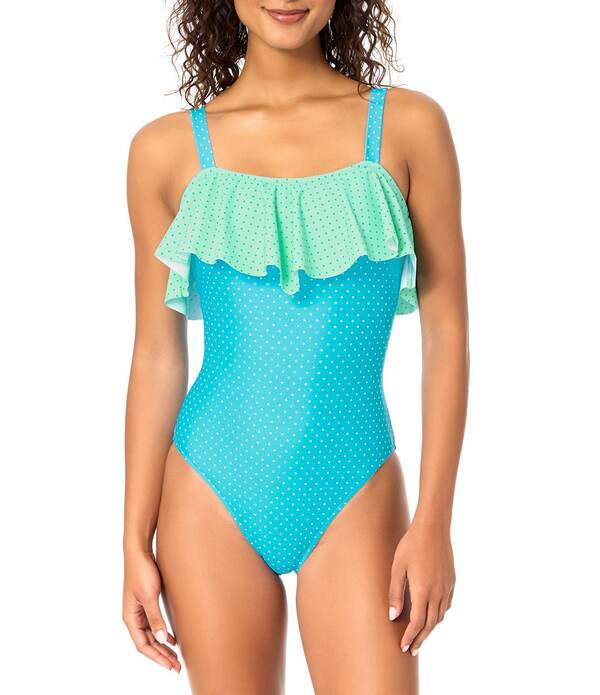 ライジンズ レディース トップス 衣装 フラウンス Raisins Twin Dots Ruffle Straight Neck One Piece Swimsuit Aqua アクア