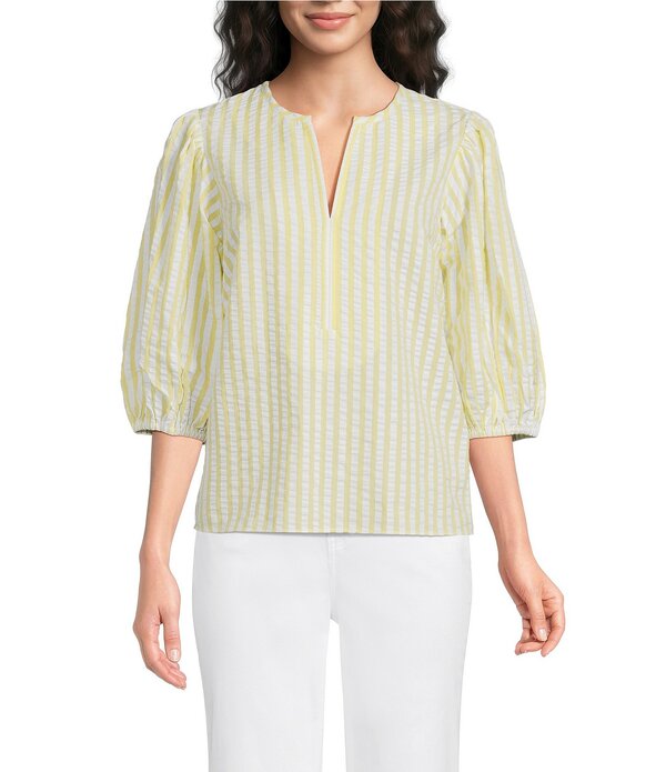 ギブソンアンドラティマー レディース トップス シャツ Vネック コットン ブラウス Gibson & Latimer Stripe Cotton Seersucker V-Neck 3/4 Bubble Sleeve Blouse Yellow/White ホワイト｜ReVida 店