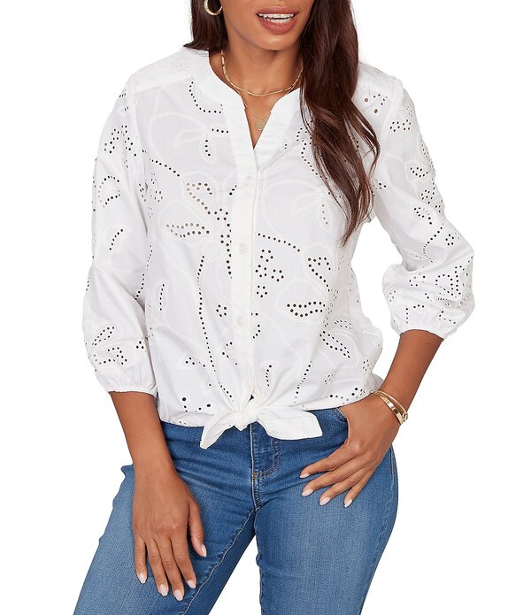 ルビーアールディー レディース トップス シャツ プチ コットン ブラウス Ruby Rd. Petite Size Cotton Poplin Allover Eyelet Button Frontie Hem Blouse White ホワイト