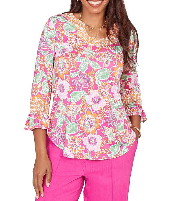 ルビーアールディー レディース トップス シャツ フラワー柄 プチ フリル ニット フラワー Ruby Rd. Petite Size Knit Floral Horseshoe Neck 3/4 Ruffle Trim Sleeve Top Fuchsia Multi フューシャ|ReVida 店