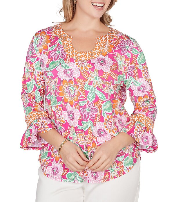 ルビーアールディー レディース トップス シャツ フラワー柄 プラスサイズ フリル ニット フラワー Ruby Rd. Plusize Knit Floral Horseshoe Neck 3/4 Ruffle Trim Sleeve Top Fuchsia Multi フューシャ