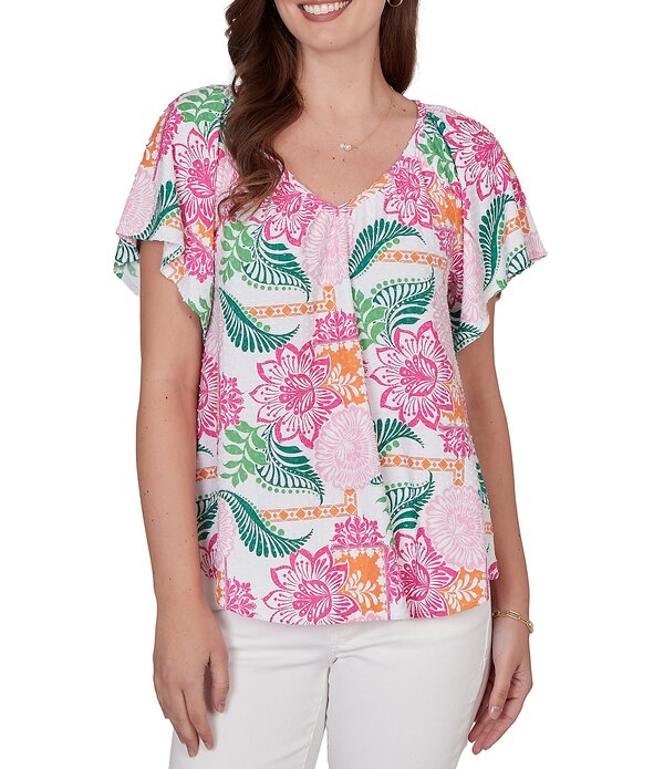 ルビーアールディー レディース トップス シャツ Vネック フラワー柄 フラワー Ruby Rd. Tropical Floral V-Neck Short Flutter Sleeve Top White Multi ホワイト