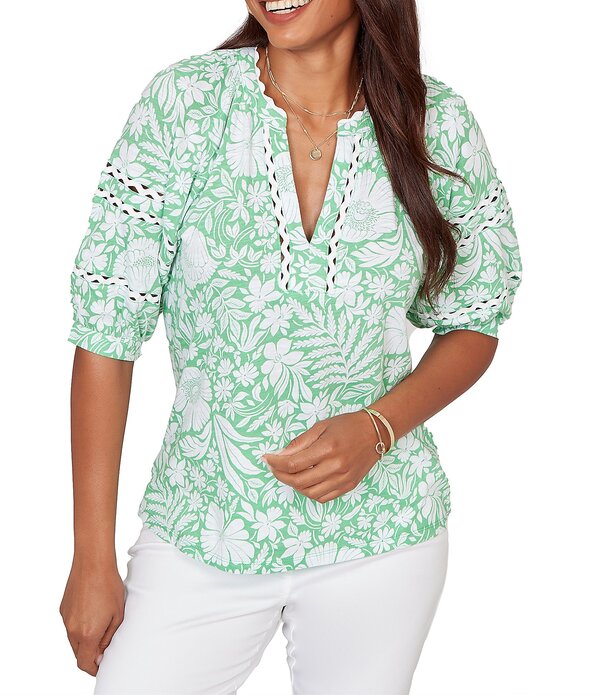 ルビーアールディー レディース トップス シャツ Vネック フラワー柄 フラワー Ruby Rd. Tropical Floral Split V-Neck Elbow Sleeve Top Springreen Multi グリーン