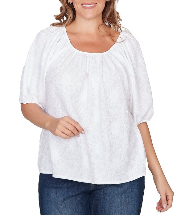 ルビーアールディー レディース トップス シャツ フラワー柄 プラスサイズ フラワー Ruby Rd. Plusize Textured Jacquard Floral Scoop Neck Elbow Sleeve Top White ホワイト