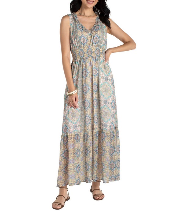 リヴァプール ロサンゼルス レディース トップス ワンピース Vネック シフォン プリント ノースリーブ マキシ Liverpoolos Angeles Chiffon Printed V-Neck Sleeveless Maxi Dress Citron Multi マルチカラー｜ReVida 店