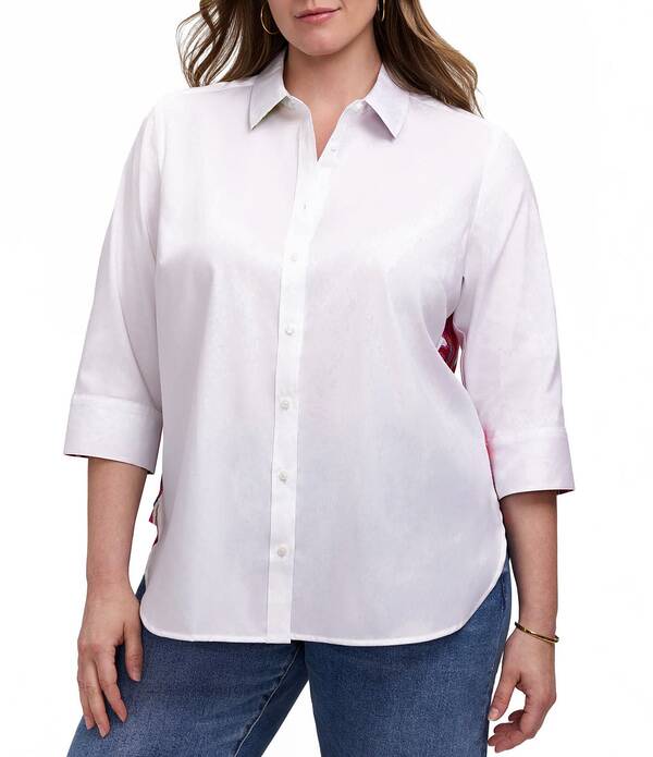 フォックスクラフト レディース トップス シャツ プラスサイズ プリント ブラウス Foxcroft Plusize Meghan Paradise Bloom Back Print 3/4 Sleeve Button Front Blouse White Multi ホワイト｜ReVida 店