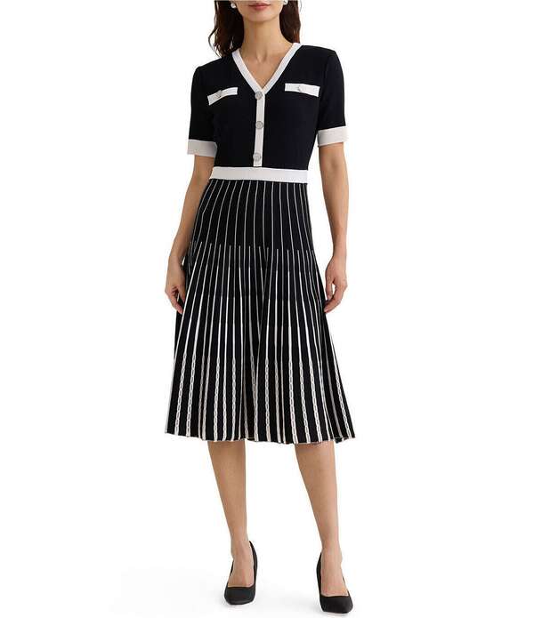 ミソック レディース トップス 衣装 Vのど首 MIDI 編み物 MISOOK Two-Tone Knit V-Neck Short Sleeve Fit-And-Flare Midi Dress Black/White 白いこと