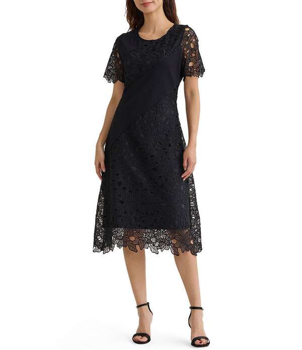 ミソック レディース トップス 衣装 MIDI スピード競技 MISOOK Lace Mixed Media Round Neck Short Sleeve Fit-And-Flare Midi Dress Black 黒いこと