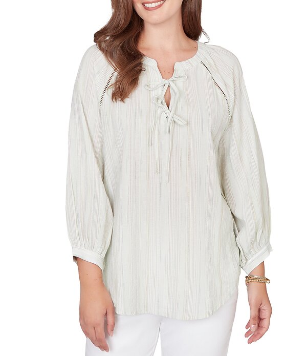 ルビーアールディー レディース トップス シャツ Vネック Ruby Rd. Crinkle Woven Striped Split V-Neck Tie-Front Peasantop Aloe Multi マルチカラー