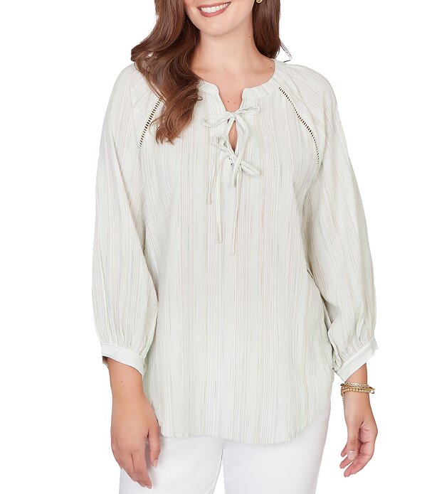ルビーアールディー レディース トップス シャツ Vネック プチ Ruby Rd. Petite Size Crinkle Woven Striped Split V-Neck Tie-Front Peasantop Aloe Multi マルチカラー