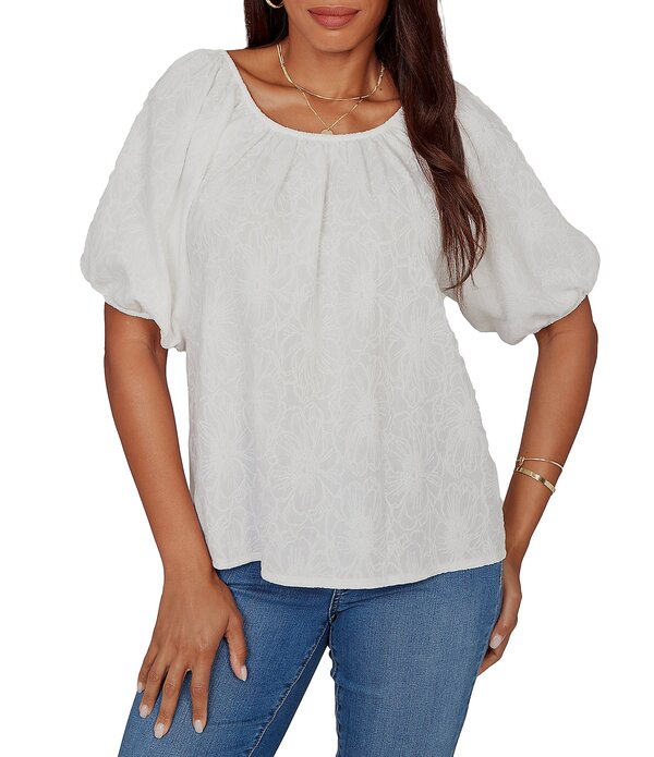 ルビーアールディー レディース トップス シャツ フラワー柄 フラワー Ruby Rd. Textured Jacquard Floral Scoop Neck Elbow Sleeve Top White ホワイト