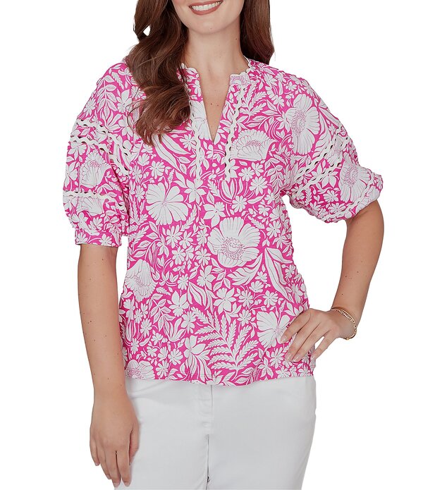 ルビーアールディー レディース トップス シャツ Vネック フラワー柄 プチ フラワー Ruby Rd. Petite Size Tropical Floral Split V-Neck Elbow Sleeve Top Fuchsia/White ホワイト 14,610円