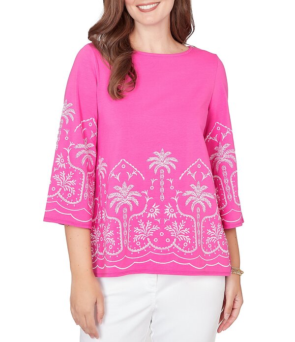 ルビーアールディー レディース トップス シャツ プチ 刺繍 Ruby Rd. Petite Sizembroidered Boat Neck 3/4 Sleeve Top Fuchsia フューシャ｜ReVida 店