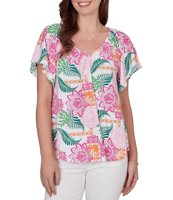 ルビーアールディー レディース トップス シャツ Vネック フラワー柄 プチ フラワー Ruby Rd. Petite Size Tropical Floral V-Neck Short Flutter Sleeve Top White Multi ホワイト