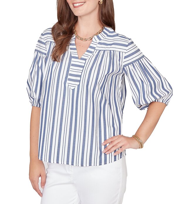 ルビーアールディー レディース トップス シャツ Vネック コットン Ruby Rd. Cotton Poplin Spliced Stripe Split V-Neck Elbow Sleeve Top Bright Navy/White ホワイト
