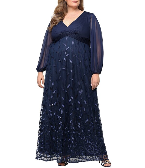 アレックスイブニングス レディース トップス ワンピース チュール プラスサイズ 刺繍 エンパイア Alex Evenings Plusizembroidered Stretch Tullempire Waist Long Dress Navy ネイビー