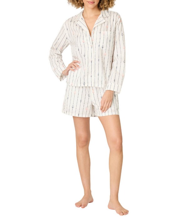 ピージェイサルベージ レディース アンダーお召しもの ナイト爵お召しもの 刷り上げる PJ Salvage Afterparty Long Sleeve Notch Collar Woven Poplin Anchor Print Shorty Pajama Set Ivory 象牙色