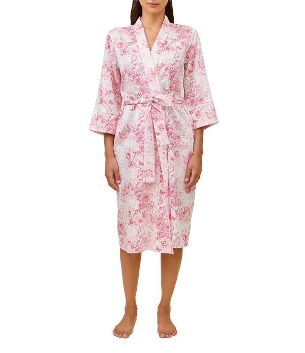 パピネール レディース アンダー御召しもの ナイト爵御召しもの 刷り上げる midi プルオーバー Papinelle Toile De Jouy Print 3/4 Sleeve Shawl Collar Woven Sateen Coordinating Midi Robe Pink Lemonade サクラ色