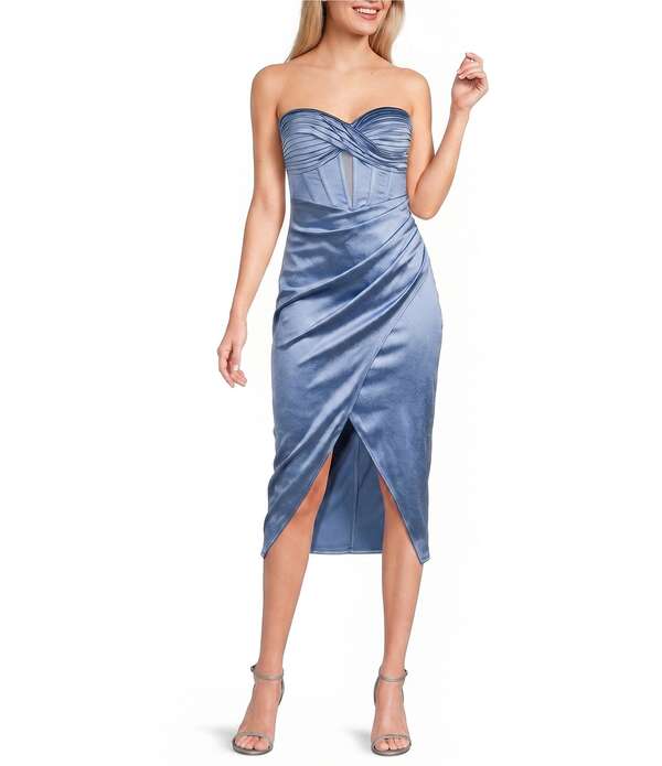ハニーアンドロージー レディース トップス 衣装 筋目 メッシュ midi ストラップレス Honey and Rosie Straplessweetheart Pleated Twist Front Corseted Mesh Inset Bodycon Midi Dress Blue 青色 ワンピース-レディースファッション