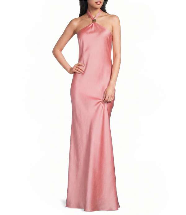 シティヴァイブ レディース トップス ワンピース サテン マキシ ホルター City Vibe Satin Halter Neck Trim Tie Back Maxi Dress Coral コーラル｜ReVida 店