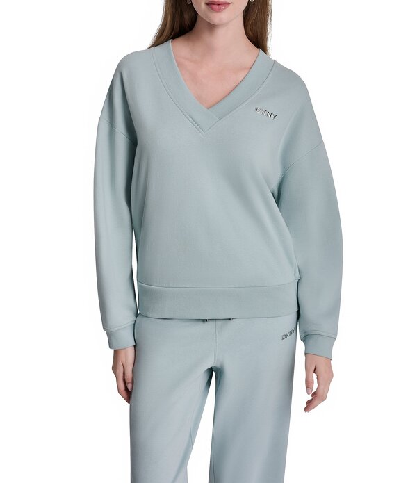 ダナキャラン レディース アウター ニット・セーター Vネック パイル スウェット シャツ DKNY Sport by Donna Karan Coordinating Knit French Terry V-Neck Long Sleeve Sweatshirt Mineral｜ReVida 店