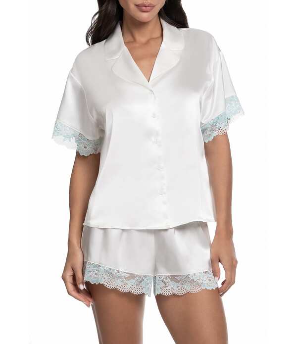 インブルーム レディース アンダー御召しもの ナイト爵御召しもの 繻子 スピード競技 In Bloom By Jonquil Bridal Satin Short Sleeve Notch Collar Lace Shorty Pajama Set Ivory 象牙色