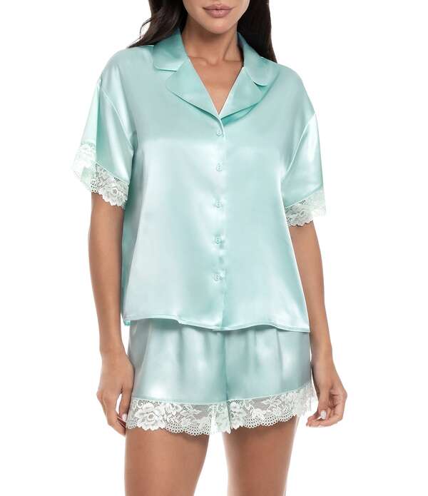 インブルーム レディース アンダー御召しもの ナイト爵御召しもの 繻子 スピード競技 In Bloom By Jonquil Bridal Satin Short Sleeve Notch Collar Lace Shorty Pajama Set Pale Turquoise 青緑色