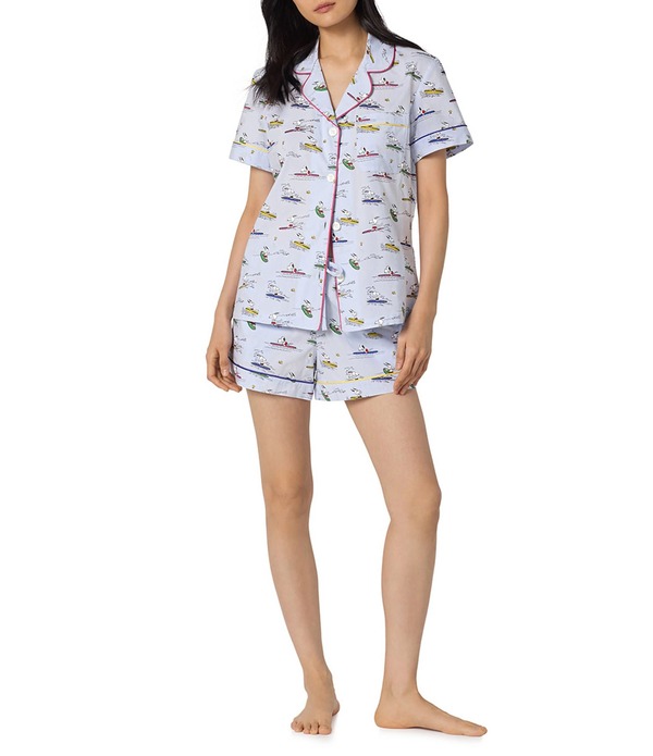 臥榻尖端 レディース アンダーお召しもの ナイト爵お召しもの 刷り上げる 綿織物 BedHead Catch A Wave Snoopy Print Short Sleeve Notch Collar Classic Woven Cotton Poplin Shorty Pajama Set Catch A Wave Snoopy