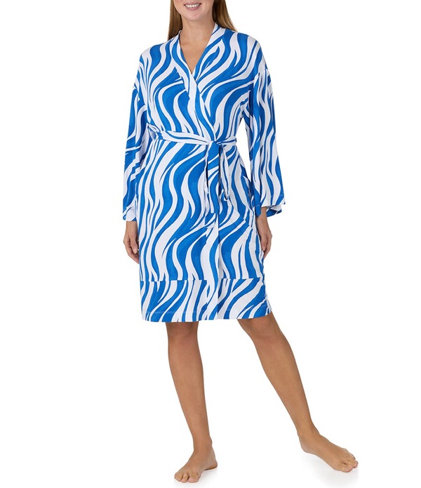 駆け込み寺 レディース アンダー御召しもの ナイト爵御召しもの V素っ首 刷り上げる Sanctuary Zebra Print Long Sleeve V-Neck Short Wrap Robe White Blue 白いこと