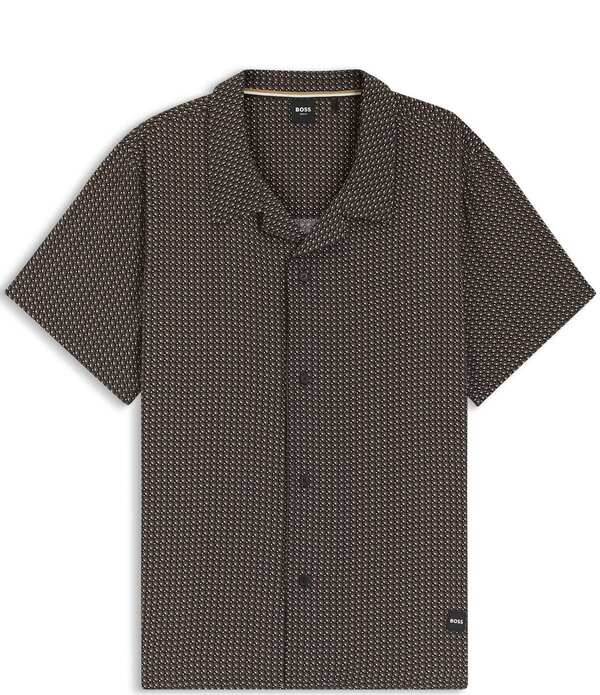 ヒューゴボス メンズ トップス プルオーバー 刷り上げる Hugo Bosshort Sleeve Allover Print Vibe Cab Woven Camp Top Black 黒いこと
