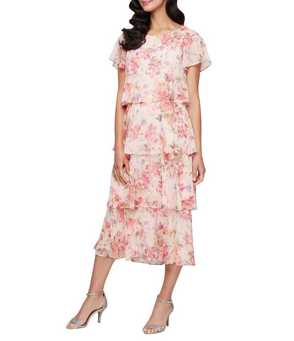 イグナイト レディース トップス ワンピース ティアード フラワー柄 ミディ フラワー Ignitevenings Boat Neck Short Sleeve Tiered Floral Midi Dress Peach Multi ピーチ｜ReVida 店