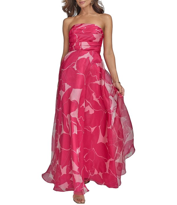 ダナキャラン レディース トップス 衣装 A 生産ライン 御花柄 刷り上げる ストラップレス 御花 Donna Karan Strapless Floral Print Organza-Line Gown Hot Fuchsia フューシャ