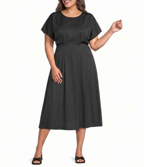 ケンジー レディース トップス ワンピース A ライン プラスサイズ ミディ Kensie Plusize Short Sleeve A-Line Woven Midi Dress Black ブラック|ReVida 店