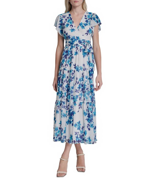 ダナキャラン レディース トップス ワンピース ティアード シフォン プチ ミディ スカート DKNY by Donna Karan Petite Size Chiffon Flutter Sleeve Tiered Skirt Midi Dress Ivory Multi アイボリー｜ReVida 店