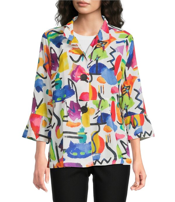 アリ マイルス レディース アウター コート プチ ジャケット Ali Miles Petite Size Abstract Multi Wire Collar 3/4 Flounce Sleeve Button Front Jacket Abstract Multi マルチカラー