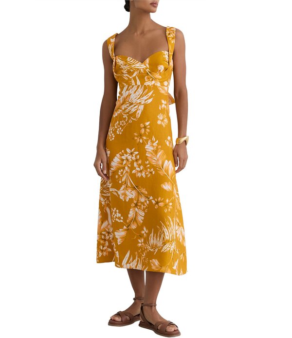 レイス レディース トップス 衣装 カットアウト 御花柄 刷り上げる midi ノースリーブ リネン 御花 Reiss Addison Floral Printed Linen Sweeteheart Neck Sleeveless Cutout Midi Dress Yellow 黄色
