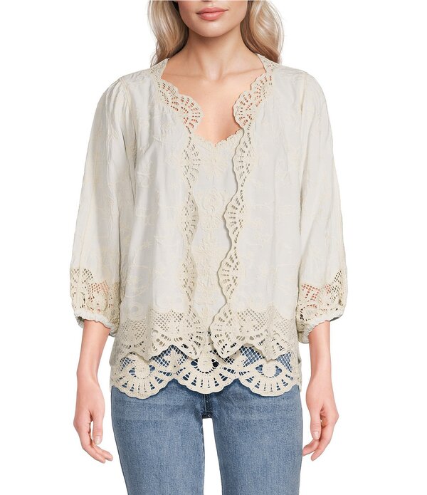 デモクラシー レディース アウター コート ジャケット Democracy Woven 3/4 Blouson Sleeve Crochet Framing Open-Front Crop Jacket Off White/Natural オフホワイト|ReVida 店