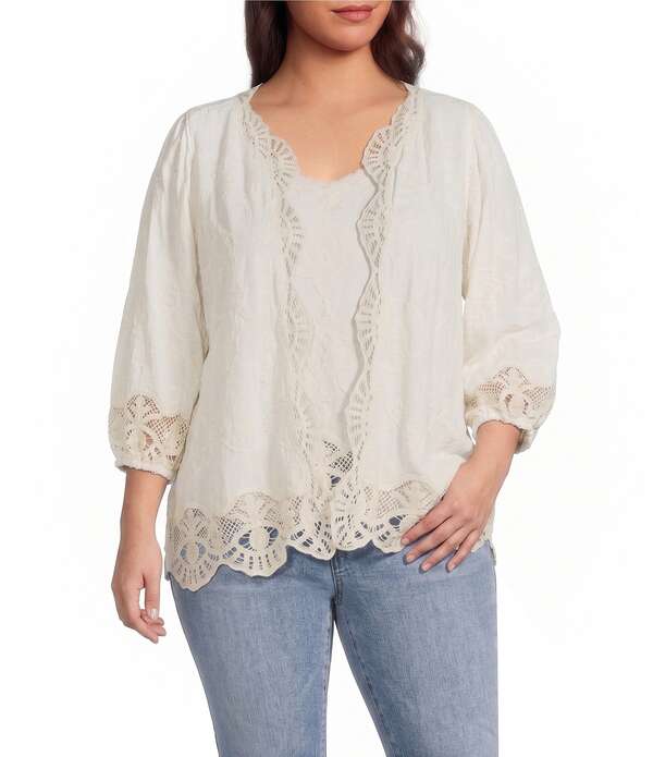 民権主義 レディース アウター 厚地の外套 つけ加える大きさ 上衣 Democracy Plusize Woven 3/4 Blouson Sleeve Crochet Framing Open-Front Crop Jacket Off White/Natural 象牙色