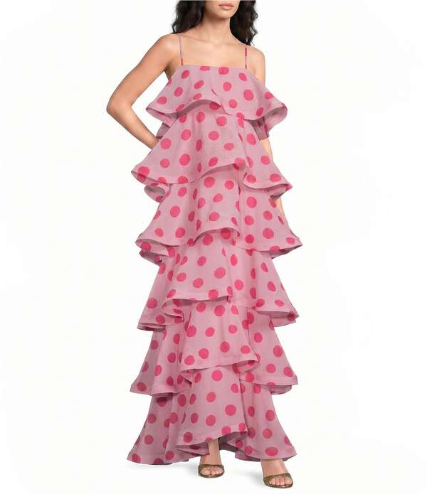 エリアット レディース トップス 衣装 点点柄 ティアード ジョーゼット 点点 ノースリーブ マキシ ELLIATT Sola Georgette Polka Dot Square Neck Sleeveless Tiered Maxi Dress Pink サクラ色