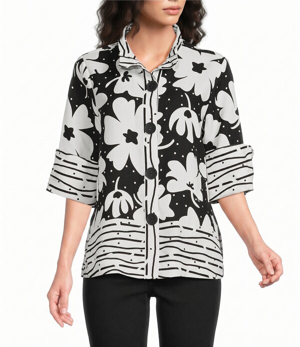アリ マイルス レディース アウター コート フラワー柄 プリント フラワー ジャケット Ali Miles Woven Floral Abstract Line Border Print Wire Collar 3/4 Bell Sleeve Jacket Black White ホワイト