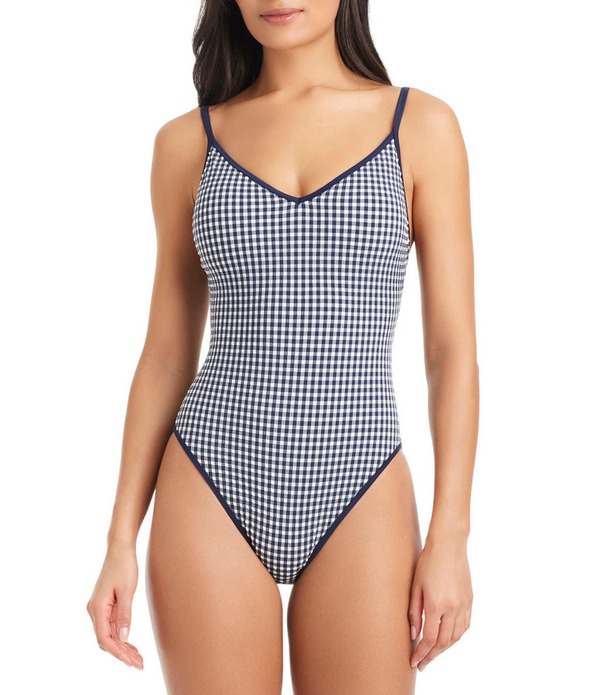 サンクチュアリー レディース トップス ワンピース ギンガムチェック ギンガム Sanctuary Check Me Out Gingham High Leg Cut Scoop Neck Tank One Piece Swimsuit Navy Mood ネイビー|ReVida 店