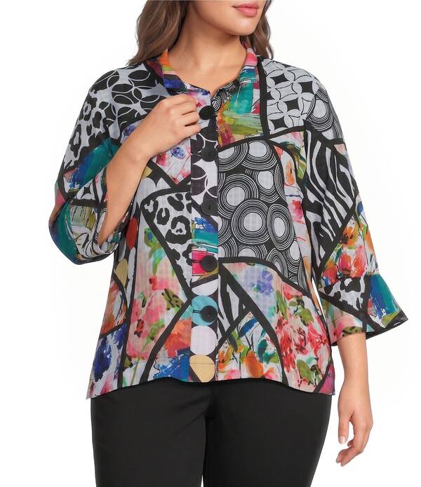 蟻 マイルス レディース アウター 厚地の外套 つけ加える大きさ 上衣 Ali Miles Plusize Multi Abstract Wire Collar 3/4 Sleeve Button Front Jacket Multi マルチ色つや
