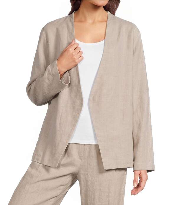 エイリーンフィッシャー レディース アウター コート Vネック リネン ジャケット Eileen Fisher Oragnic Linen V-Neck Long Sleeve Wrap Cut-Away Jacket Undyed Natural｜ReVida 店